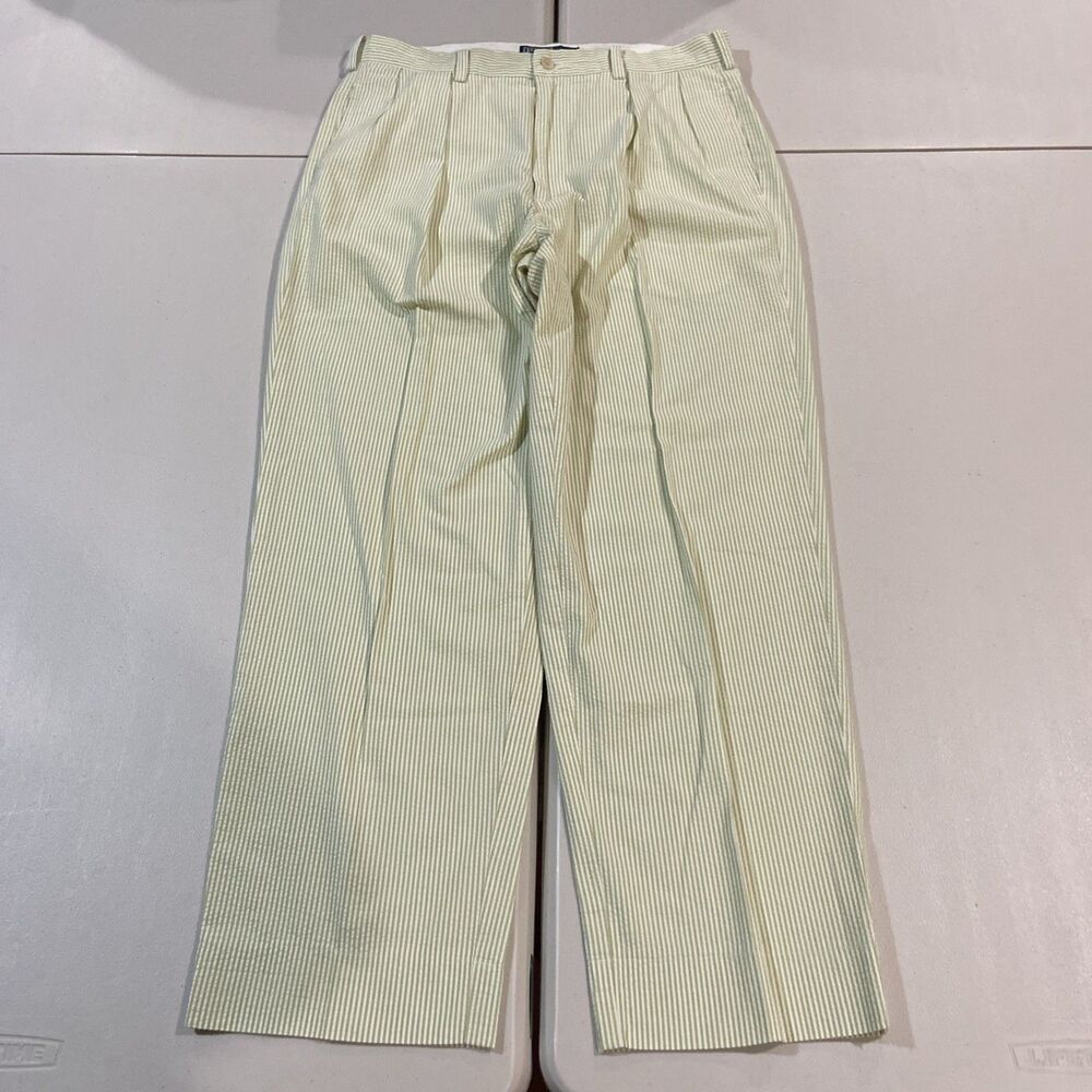 Polo Ralph Lauren Andrew Pant Mens 34x32 Green White Seersucker Pleated Trousers